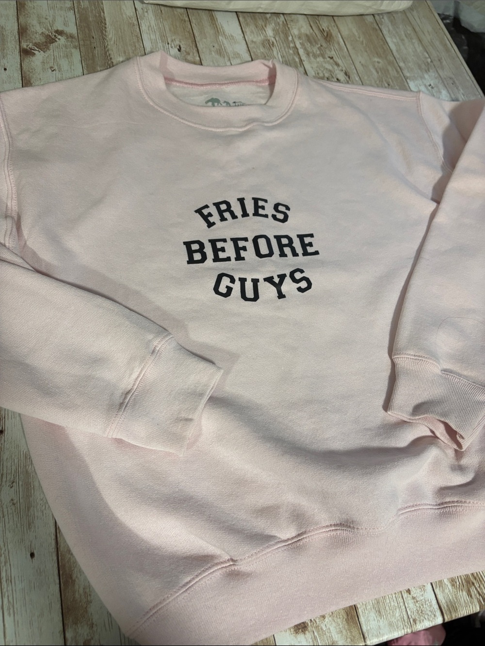 Girls' Light Pink 'Fries Before Guys' Crewneck Sweatshirt